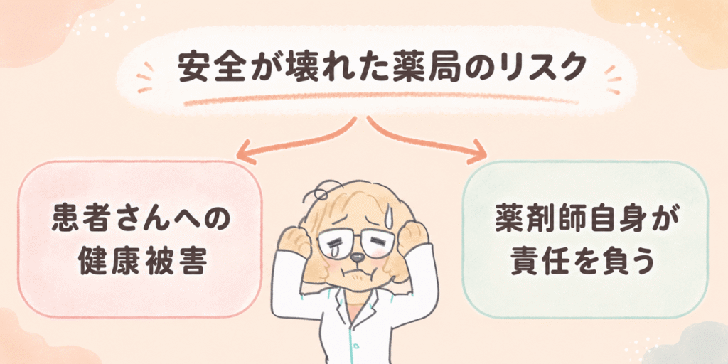 安全が壊れた薬局の2つのリスク(患者さんへの健康被害と薬剤師自身が責任を負うこと)の図解