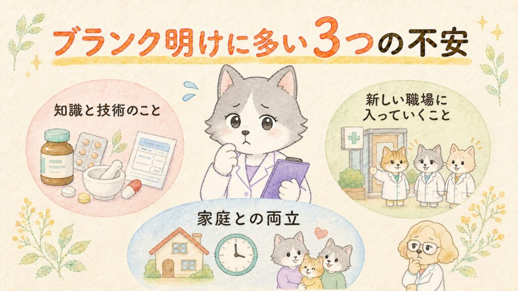 ブランク明けの薬剤師が抱えやすい3つの不安（知識と技術、新しい職場への適応、家庭との両立）を示す図解