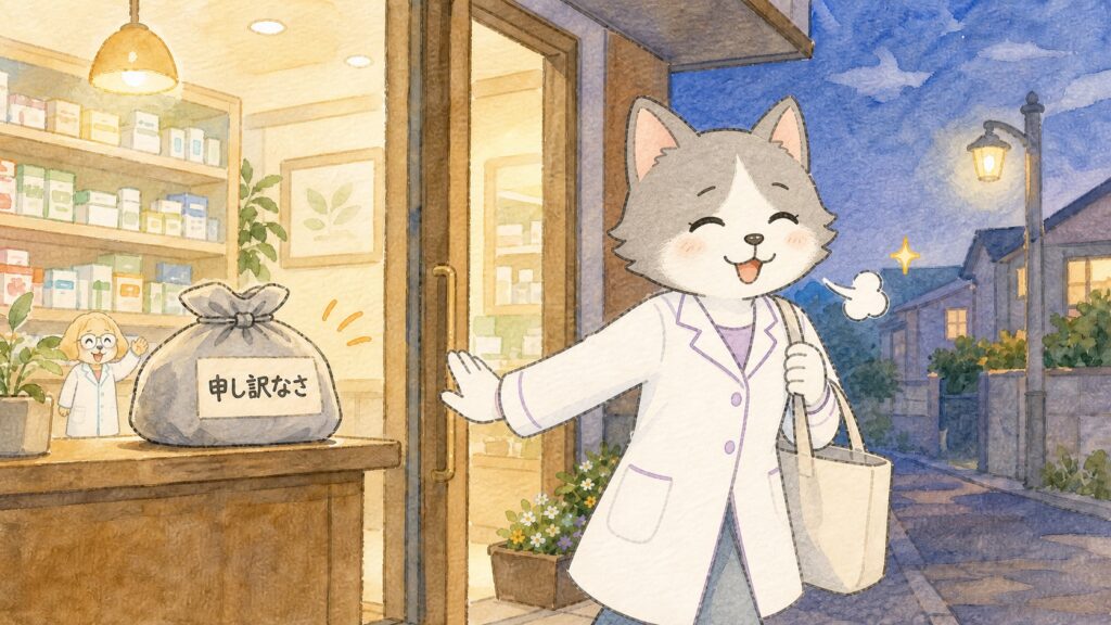 仕事を終えた女性薬剤師が、申し訳なさを薬局に置いて帰る様子を表したイラスト
