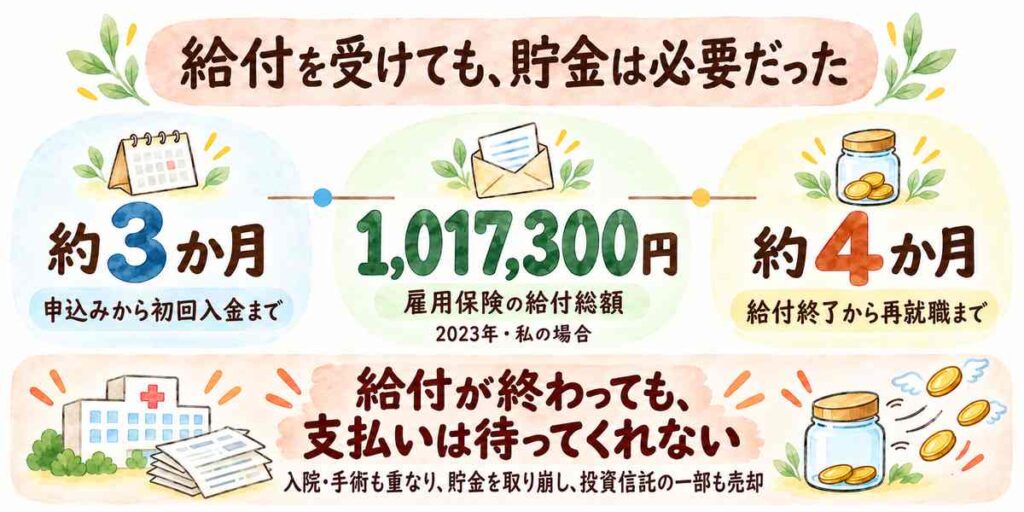 2023年の退職後の体験。雇用保険の給付総額は101万7,300円。申込みから初回入金まで約3か月、給付終了から再就職まで約4か月あり、入院・手術も重なって貯金や投資信託を取り崩した。