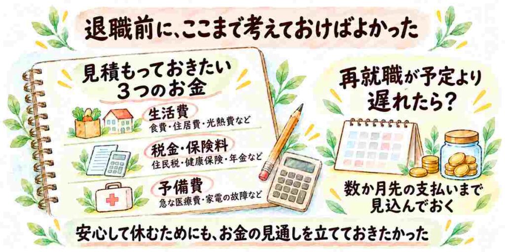 
退職前に考えておけばよかったお金の備え。生活費・税金や保険料・予備費に加え、再就職が遅れた場合の支払いも見込んでおきたかったという振り返り。
