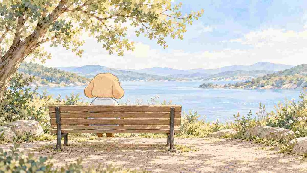 湖を望む木陰のベンチに座り、穏やかにひと休みする犬のキャラクター「ミカハル」の後ろ姿
